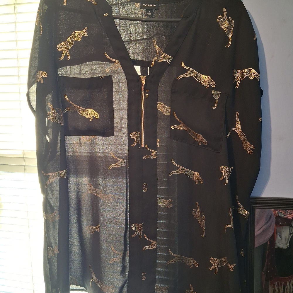 Torrid Black Sheer Shirt with Gold Leopard Print